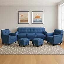 Teazure 5 Seater Sofa Set for Living Room | 3+1+1+2 Puffy | Premium Fabric Upholstery | Comfortable Modern Design | Durable Wooden Frame (Blue)