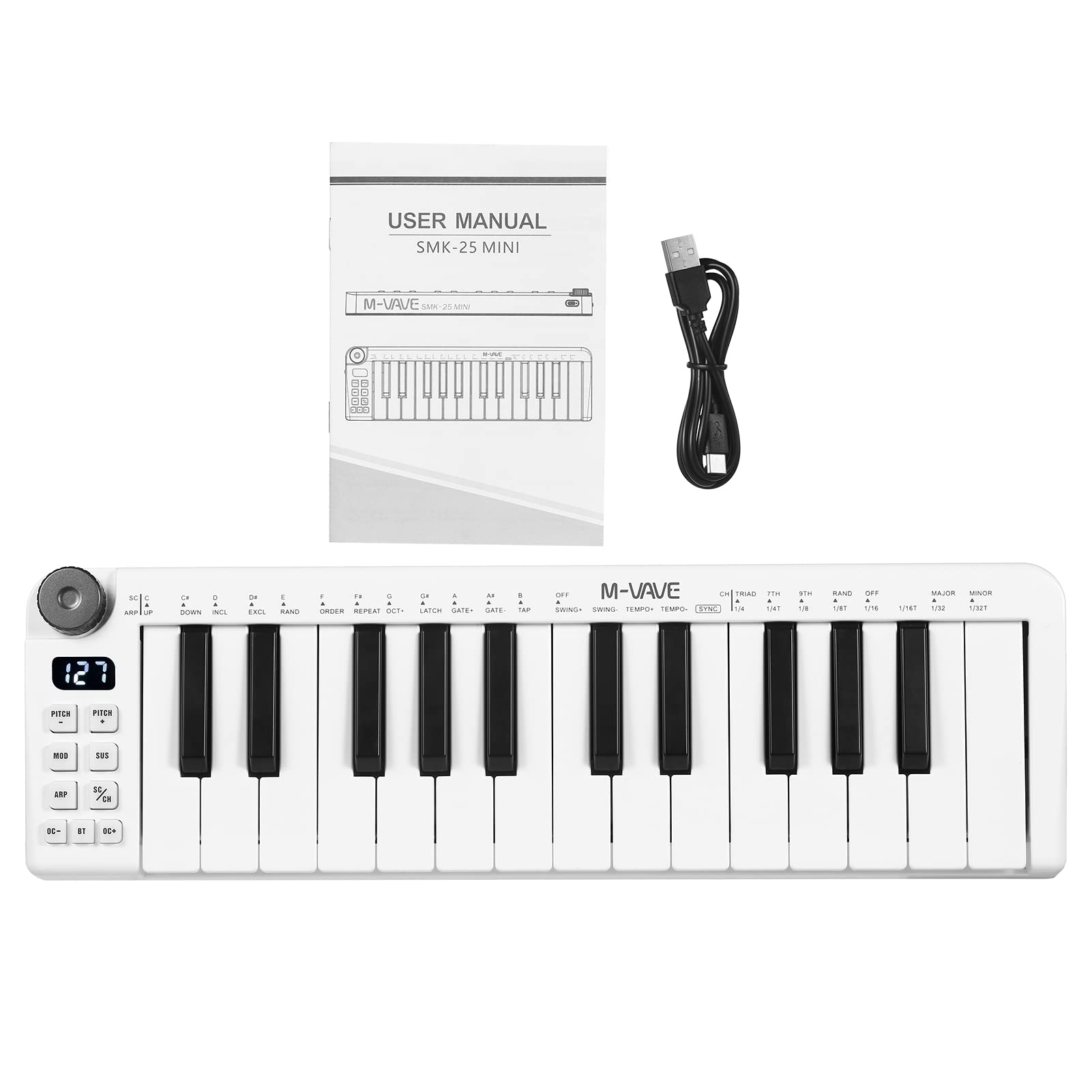 25mini Teclado MIDI Teclado de control MIDI recargable de 25 teclas Mini teclado USB portátil Controlador MIDI con 25 teclas sensibles a la velocidad 1 perilla