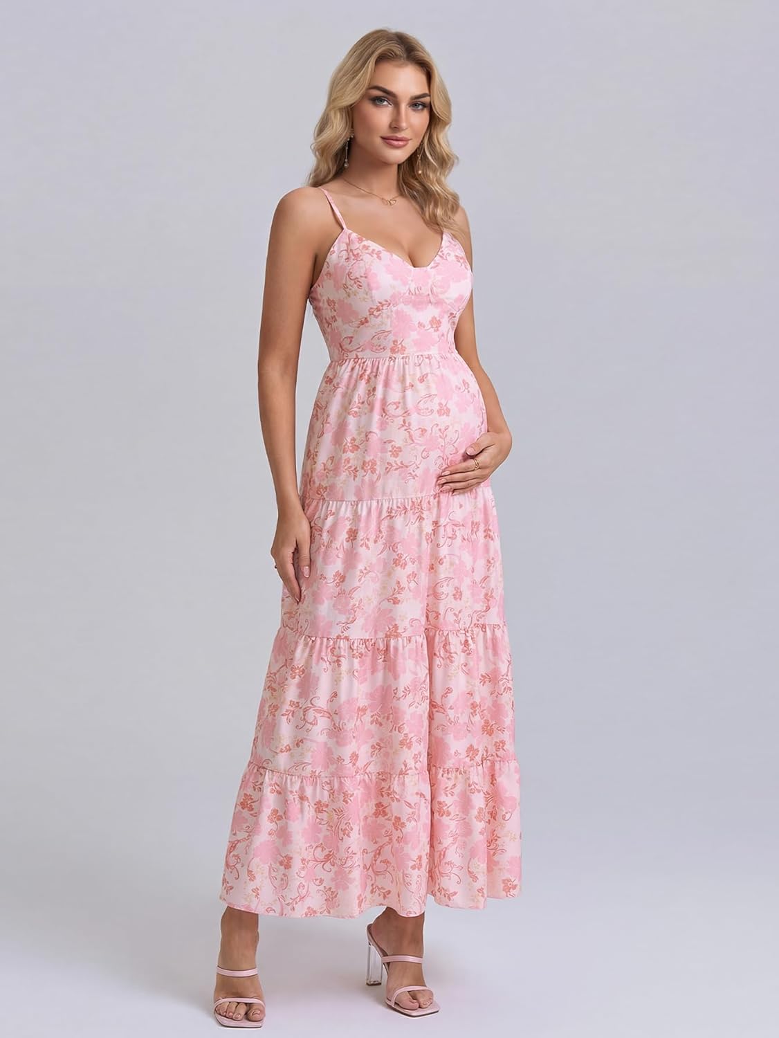 HTZMO Maternity Floral Summer Maxi Dress Bow Tie V Neck Baby Shower Photoshoot Casual Boho Long Sundress for Women
