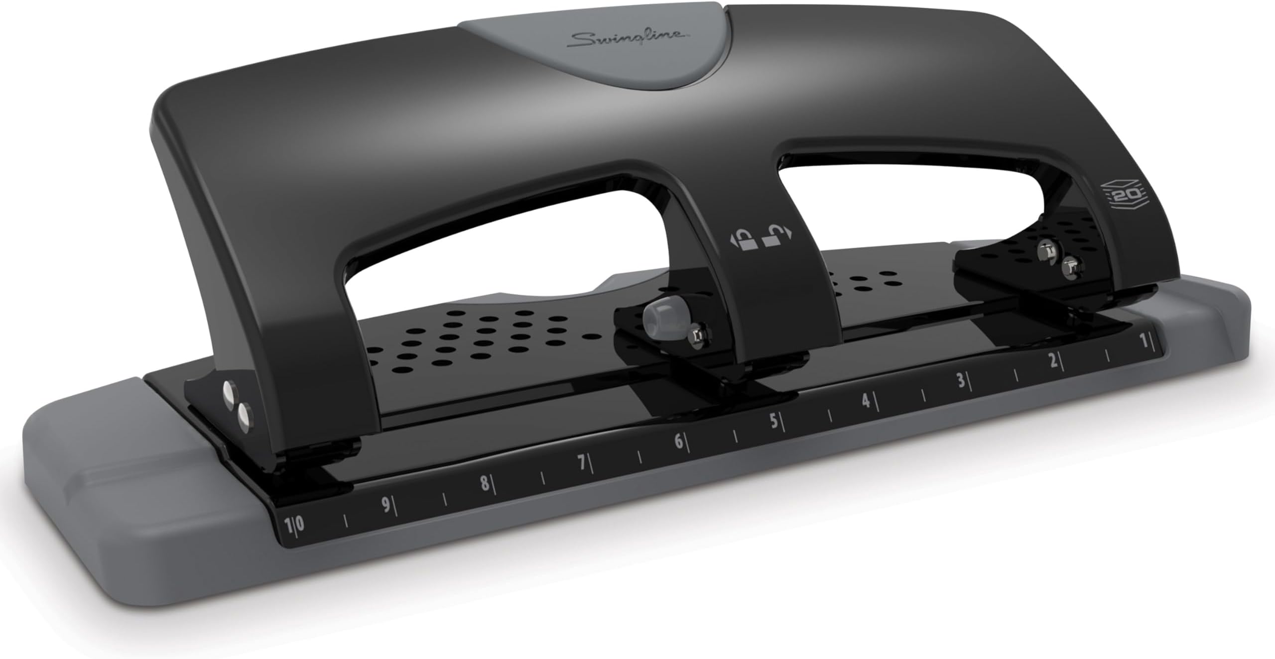 Swingline 3 Hole Punch, 20 Sheet Capacity Three Hole Puncher 3 Ring, Paper Punch, SmartTouch Low Effort, Black & Silver (74133)