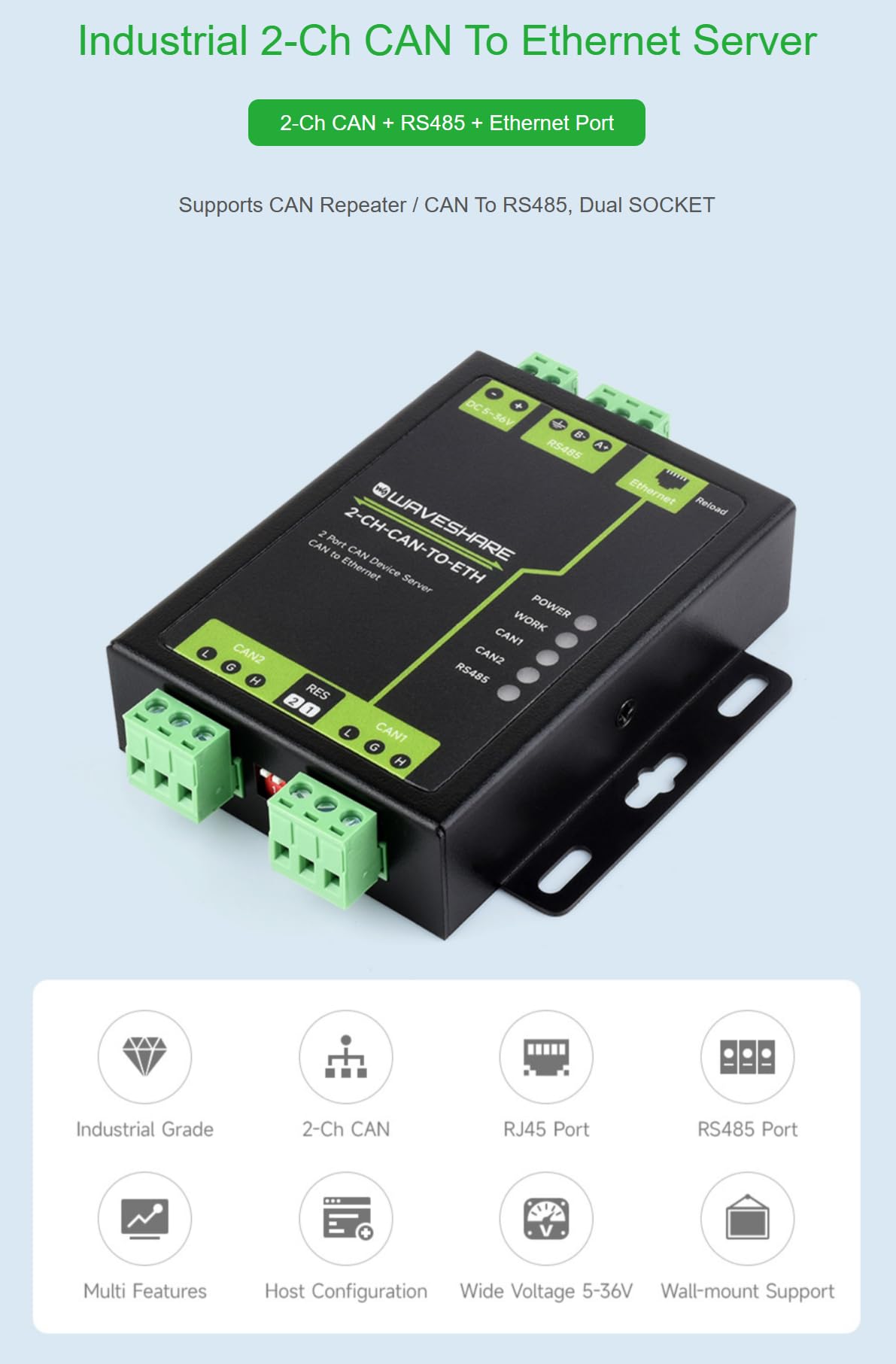 TUOPUONE Qualité industrielle 2-Ch CAN vers serveur Ethernet 2-Ch CAN + RS485 + port Ethernet prend en charge le répéteur CAN/CAN vers RS485 double prise en alliage d'aluminium support mural