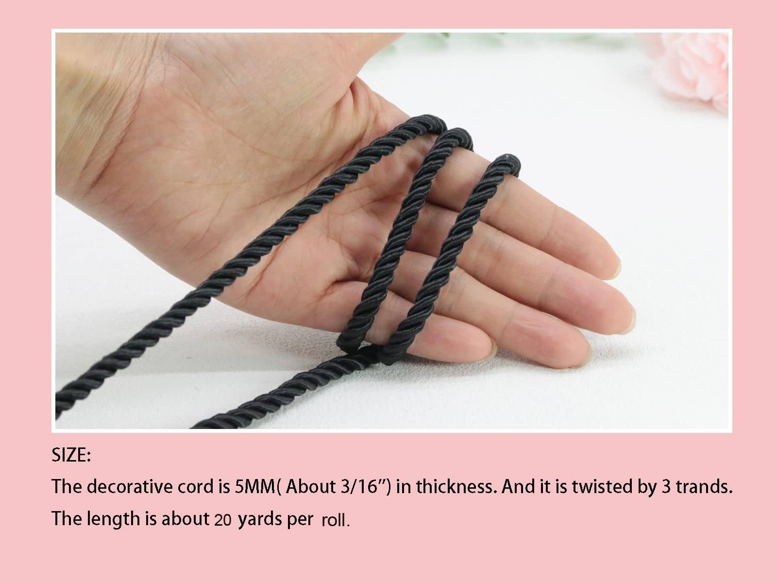5 mm 3 pleciony 20 jardów sznurek dekoracyjny skręcony satynowy sznurek poliestrowy sznurek sznurek sznurek błyszczący sznurek choker nić DIY sznurek biżuteria odkrycia GD20SC150 (czarny)