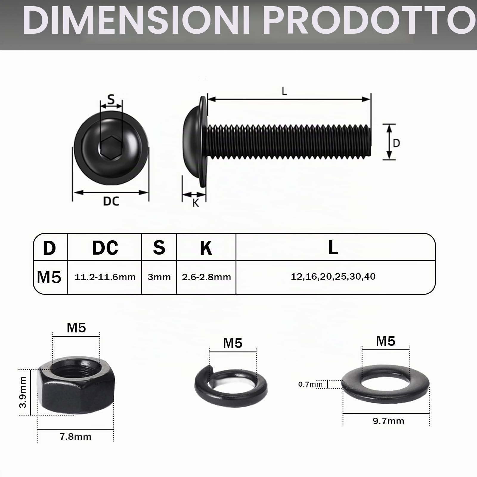 10 Pezzi Viti a Testa Bombata con Esagono Incassato M5x12 mm, Acciaio Inossidabile A2 V2A Ossido Nero, Set di Bulloni con Dadi Esagonali e Rondelle Elastiche