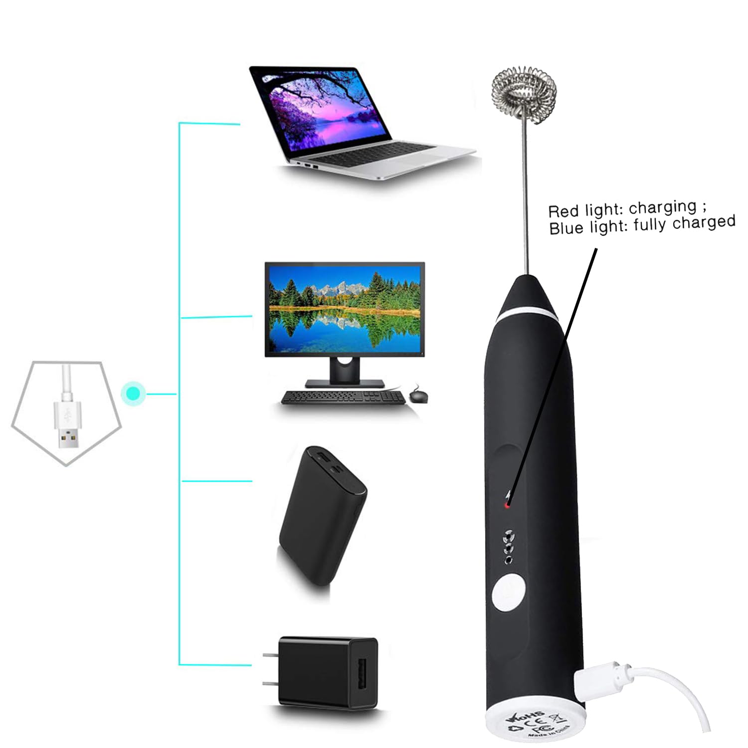 Espumador de leche recargable, mezclador eléctrico de bebidas con USB, espumador de café de mano, batidora de café, máquina de espuma para capuchino, chocolate caliente, negro