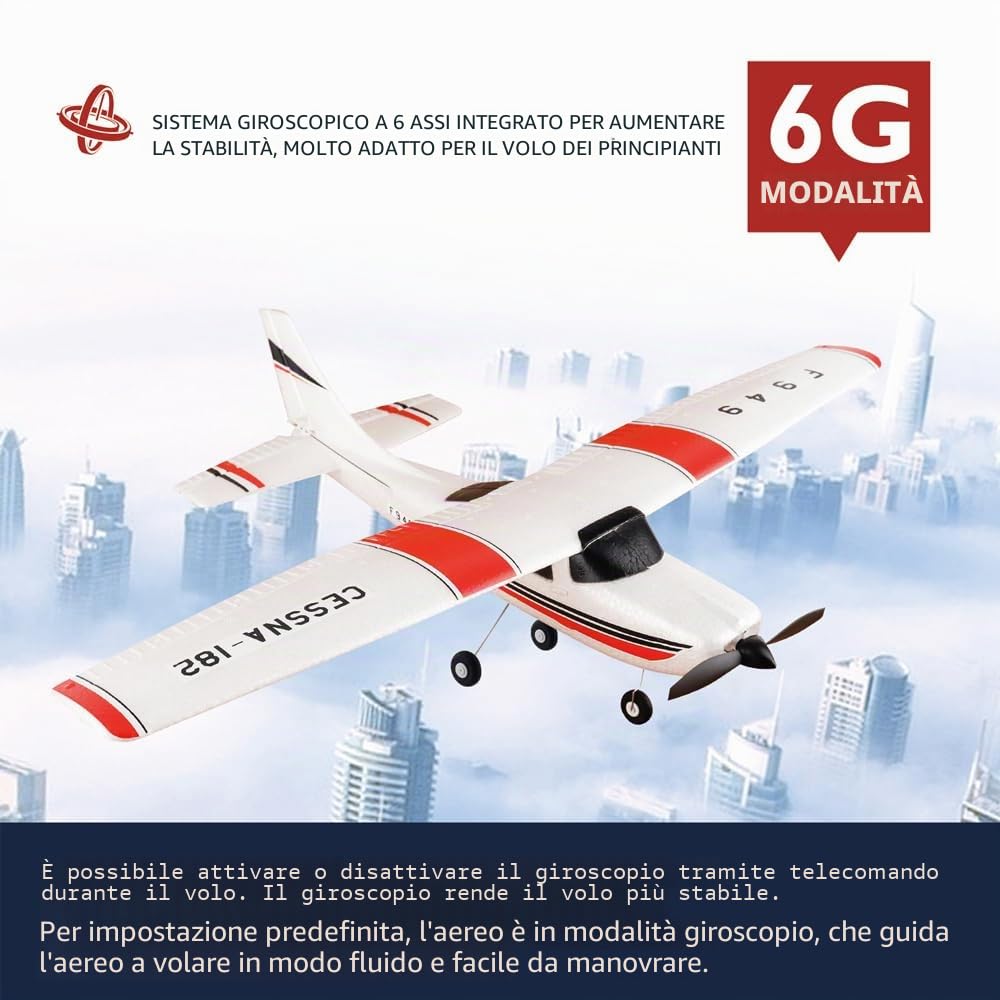 F949 RC Aereo 3D6G 3CH RTF Radiocomandato Aerei con Giroscopio, 720 Motore, CESSNA-182 Aereo da Esterno per Adulti Principianti (2BSL+Motor)