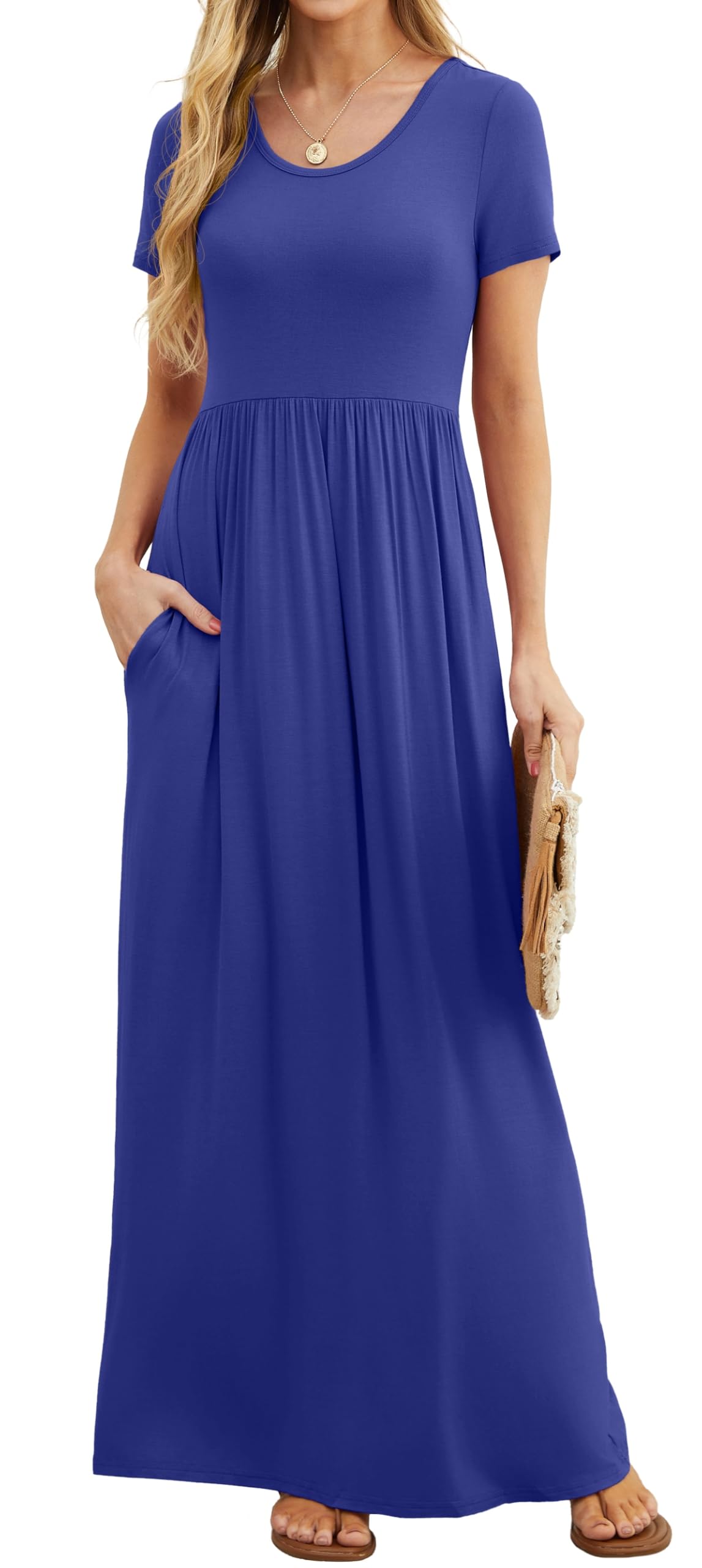 GRECERELLE Womens Summer Maxi Dress Boho Floral Cocktail Midi Polka Dot Wrap Dresses V Neck Casual Party Bohemian Flowy Long Dress for Ladies | Vestido largo casual de manga corta con cuello en V y bolsillo