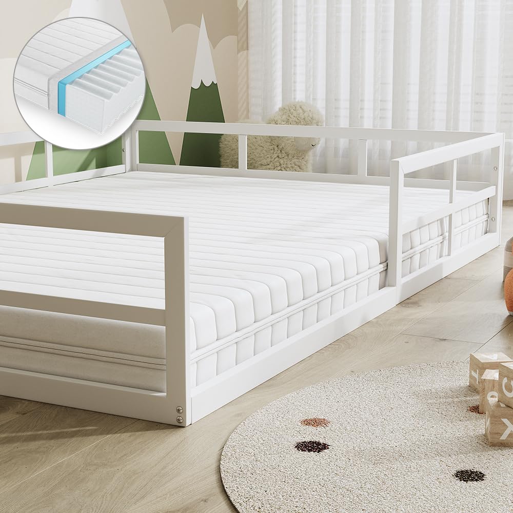 VitaliSpa Letto a pavimento Minno 140x200 cm, letto bambini Montessori in metallo con protezione anticaduta e materasso, bianco