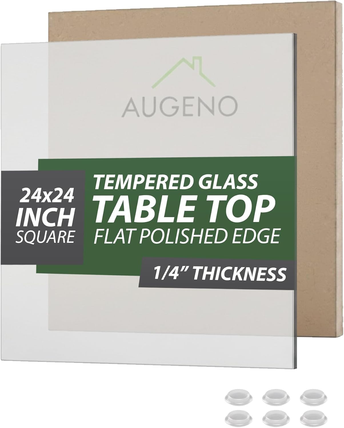 24 inch Square 1/4" Thick Flat Polished Edge Glass Table Top with 6 Bumpers - Tempered, Scratch Resistant & Safety Replacement Glass Designed for Dining, Coffee, Patio & End Tables