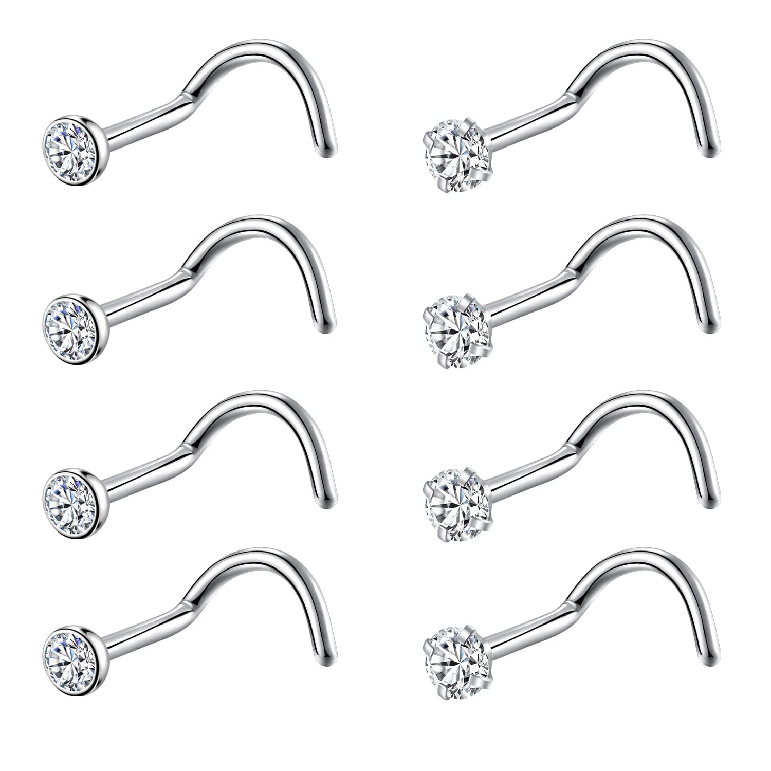 8PCS G23 Titanium Twist Screw Nose Studs 18G 20G Nose Rings 2mm 2.5mm 3mm Clear Pink Purple Aurora CZ Gold Nose Piercing Studs Nostril for Women Men