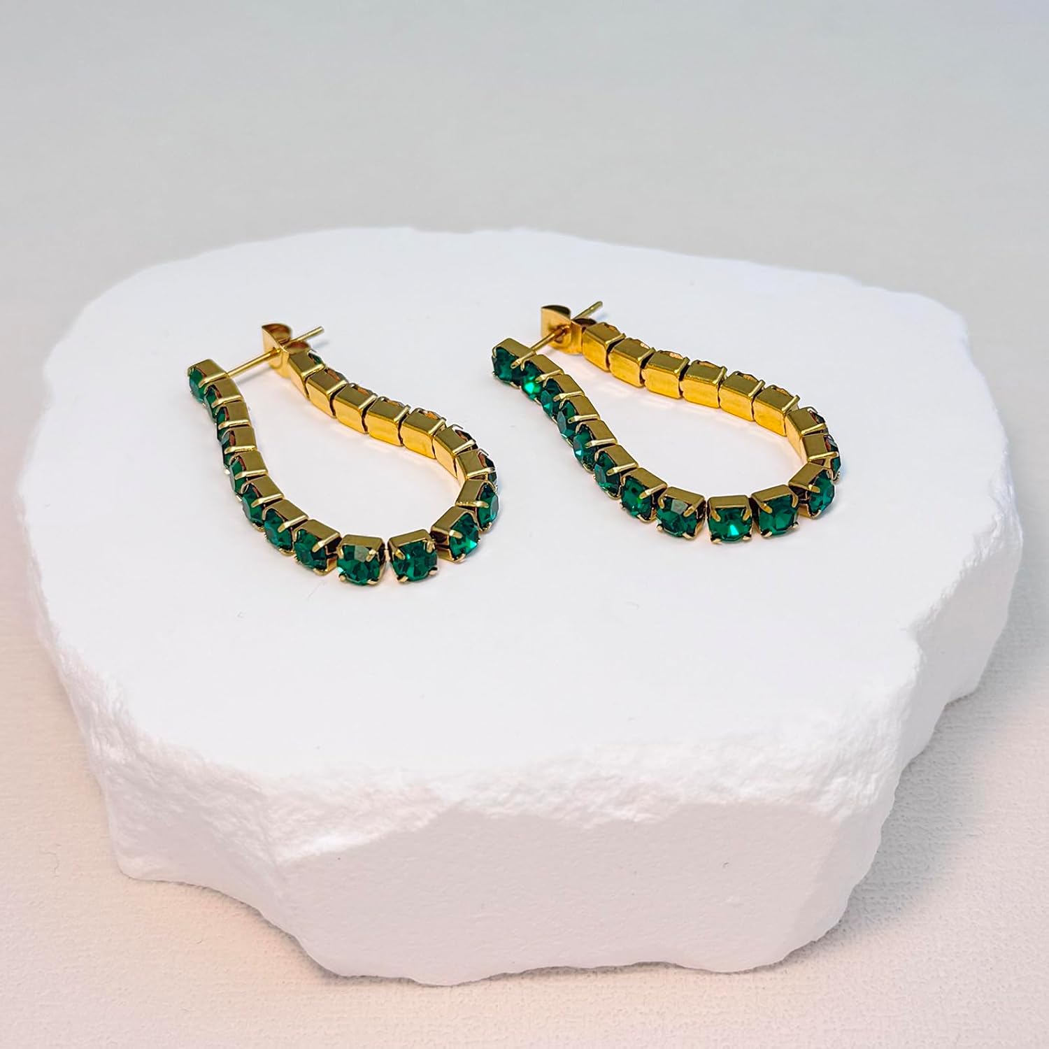 Gold Geometric Drop Earrings for Women, Green Crystal Square Hoop Earrings, Trendy Statement Jewelry Gift - Image 7