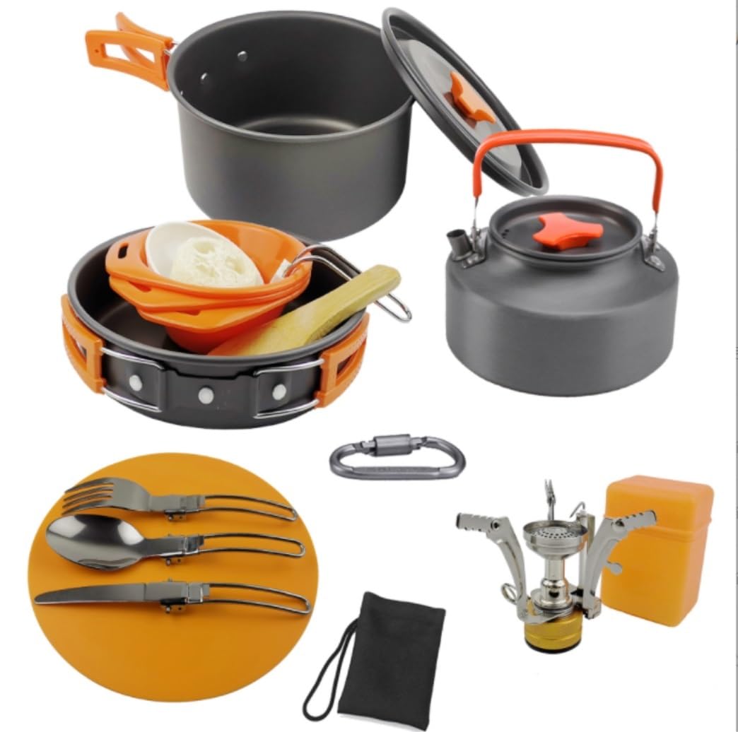 Casseroles Camping Ustensiles de Cuisine Pique-Nique Kit Batterie Camping Ensemble en Plein air avec Bouilloire Ensembles légers pour Le Extérieure(Oranje)