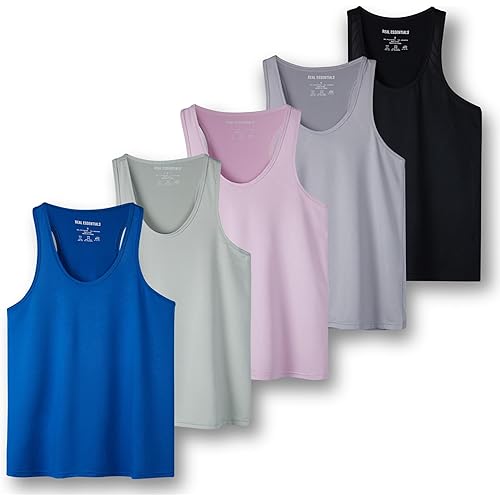 Real Essentials 5-Pack Women's Racerback Tank Top Dry-Fit Athletic Performance Yoga Activewear (Available in Plus Size)