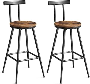 Set of 2 Rustic Brown Bar Stools with Backrest and Footrest, 26