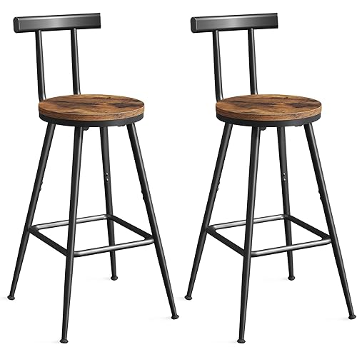 MAHANCRIS Bar Stools, Set of 2 Bar Chairs with Backrest and Footrest, 26" Tall Counter Stools, Metal Frame, Adjustable Feet, Easy Assembly, for Kitchen, Living Room, Pub, Rustic Brown BAHR6001