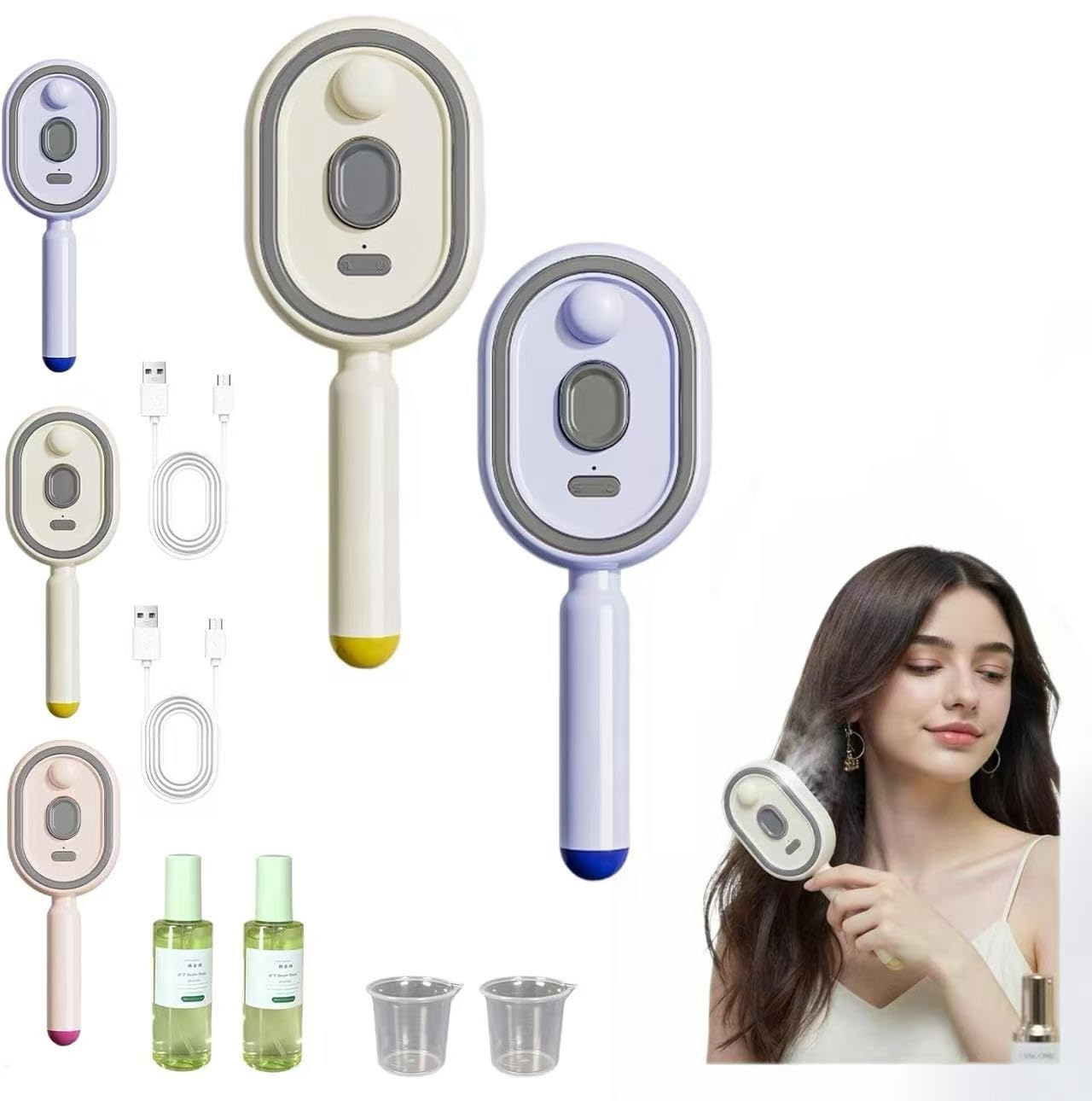 2026 New Electric Spray Air Cushion Massage Comb, Rechargeable Anti-Static Hair Brush with Fine Mist Spray & Red Light Scalp Massage, Wet & Dry Hair Styling (Purple＋Beige)