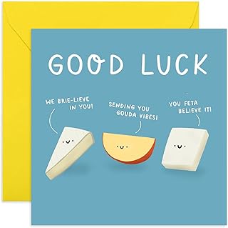 Old English Co. Cute Good Luck Card for Women and Men - 'Brie-lieve in You' Cheese Pun Encouragement Card for Friends and Family - Funny New Job, Promotion, Exam Results Card | Blank Inside