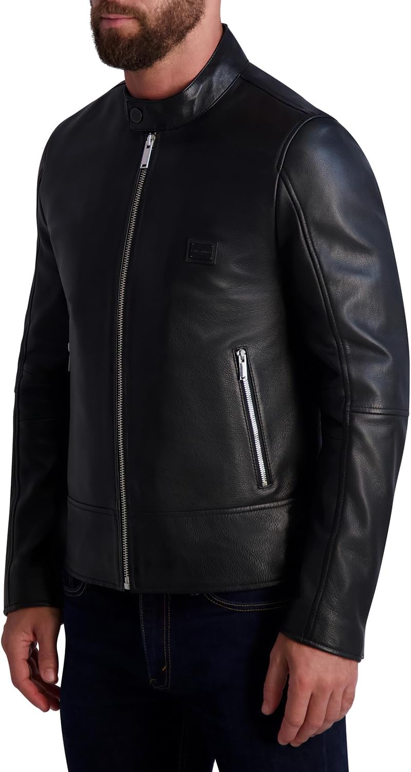 KARL LAGERFELD mens Leather Racer Jacket - Image 3