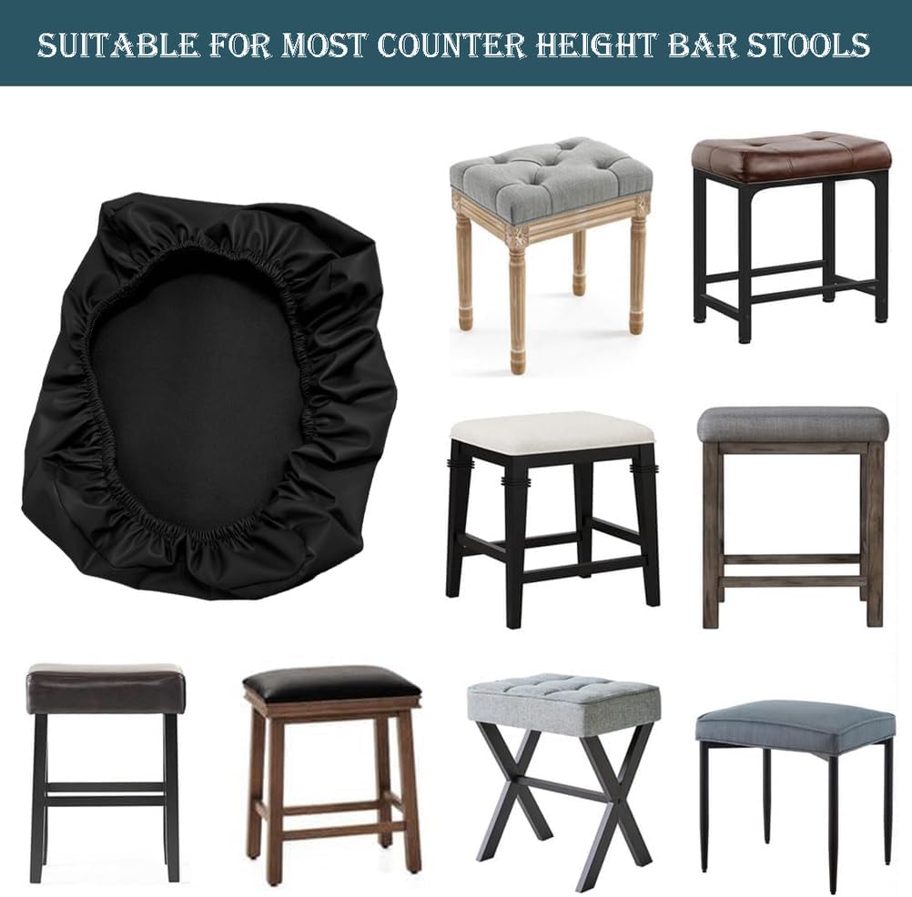 LIWLLIUA‎ Waterproof Stretch PU Leather Bar Stool Covers – Washable Rectangular Counter and Vanity Stool Seat Covers with Elastic Bands, Fit Wooden & Metal Barstools,Black pu,4pcs