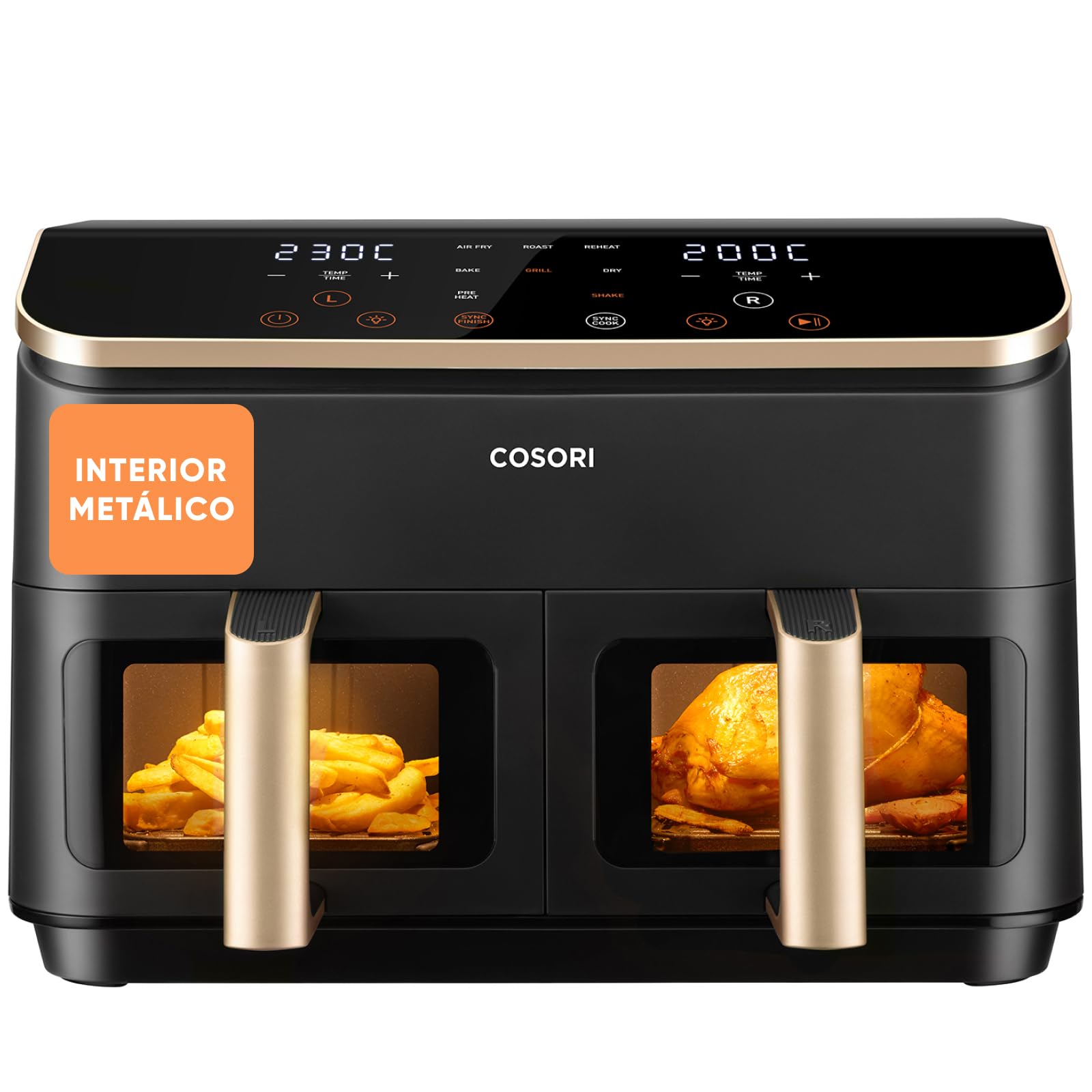 Cosori Freidora de Aire 8,5L, Doble Cesta con Ventana, 10 Funciones, Oro | Ventana para Ver Fácilmente, Interior Metálico Más Seguro, 2 Platos a la Vez, Alta Potencia y 55% de Eficiencia, Bajo Ruido