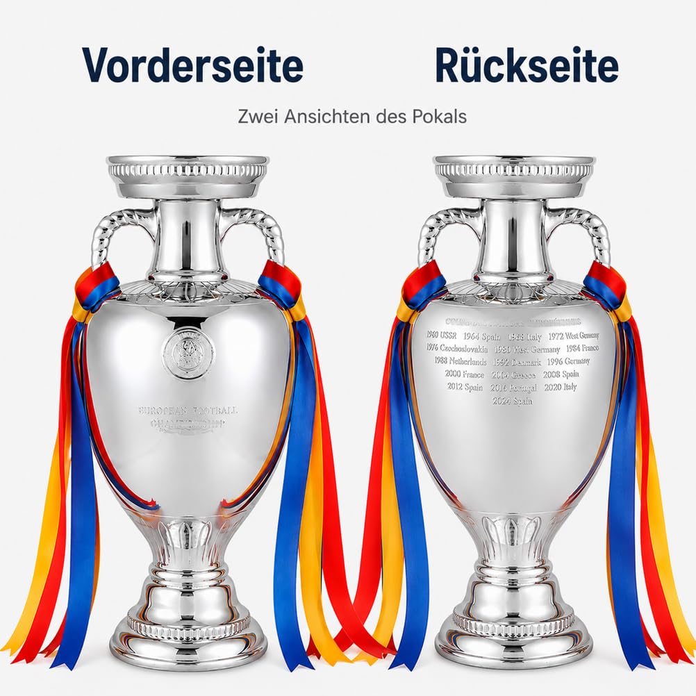 Europa Meister Pokal Replik aus Harz mit Galvanisiertem Silberlook | Fußballpokal Sammlerstück für Vitrine,Fanraum,Ideal als Sportandenken,Wohnaccessoire und Geschenk für Fußballfans und Sammler