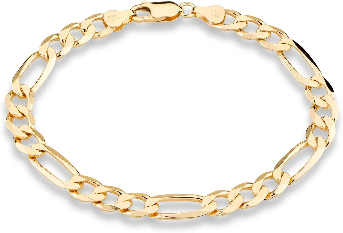 18K Gold Plated 925 Sterling Silver Italian 7mm Solid Diamond-Cut Figaro Link Chain Bracelet for Men 925 Made in Italy