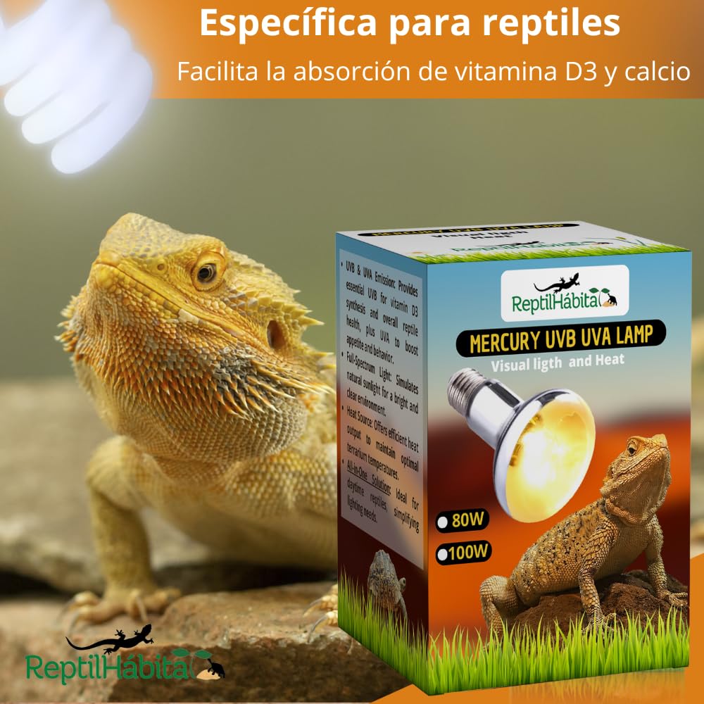Bombilla UVB UVA con Calor para Reptiles 80W, 100W, 125W y 160W – Lámpara Vapor de Mercurio Todo en Uno para Terrarios – Luz Solar Artificial con Protección Térmica (125W)