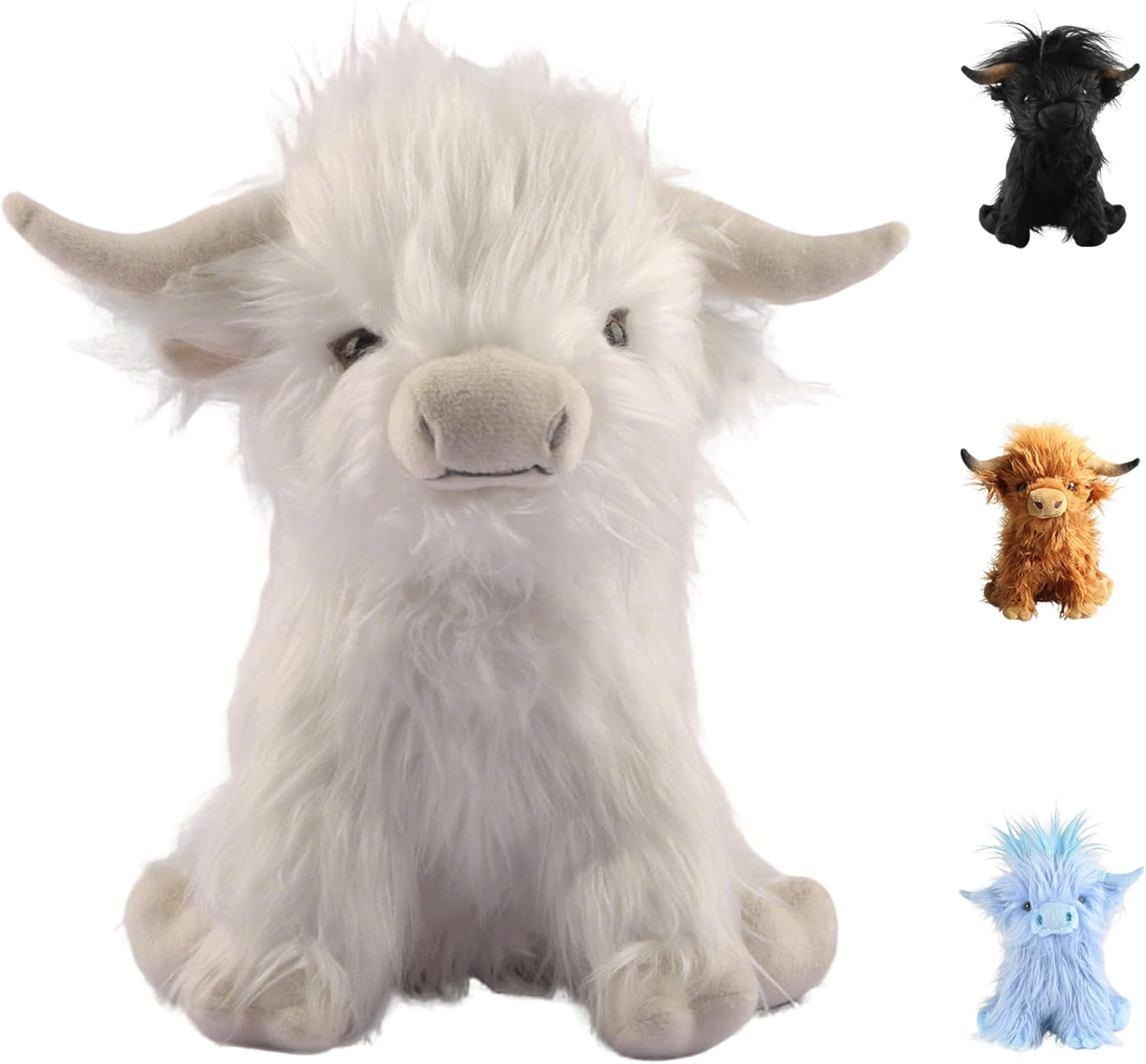 FIAEUGZKM Highland Cow Fluffy Stuffed Animal, 10" Adorable Scottish Cow Plush Toy Cute Fuzzy Farm Animal Cattle Plushy Soft Home Decor Birthday Gift for Boys Girls Kids, White