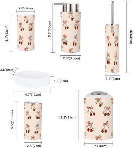 Miniatura 2 de Juego de accesorios de baño, 6 piezas, bohemio, vintage, sin costuras, cinta de cereza, lazo rosa, coqueta, estética, soporte para cepillos de