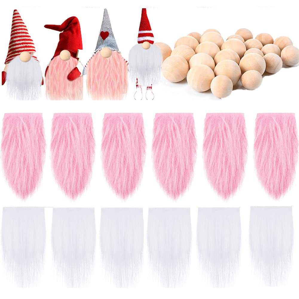 JAWSEU 12pcs Precut Gnome Beard for Crafts, Handmade Gnome Beard Faux Fur Fabric with 12 Wooden Nose Balls for Crafts Christmas Party Supplies