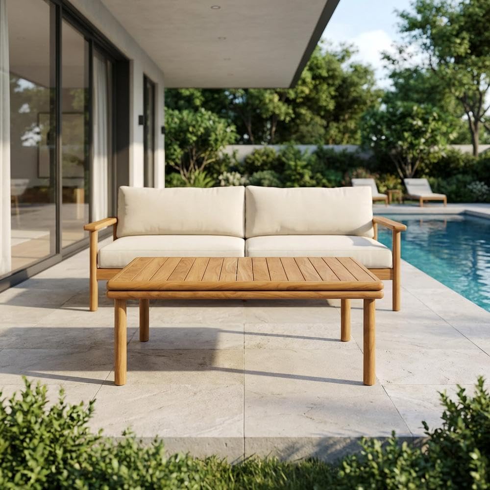 Brown Outdoor Patio Teak Wood Coffee Table, Solid Construction, Weather-Resistant Finish, Stylish Design for Garden, Deck, and Patio Use
