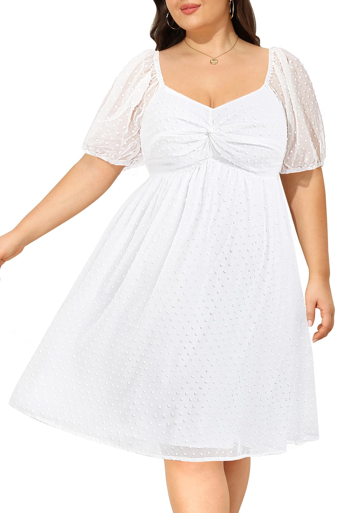 Plus Size Graduation Dress - Summer Swiss Dot Sweetheart Neckline Short Sundress Puff Sleeve Cute Flowy Chiffon Dresses