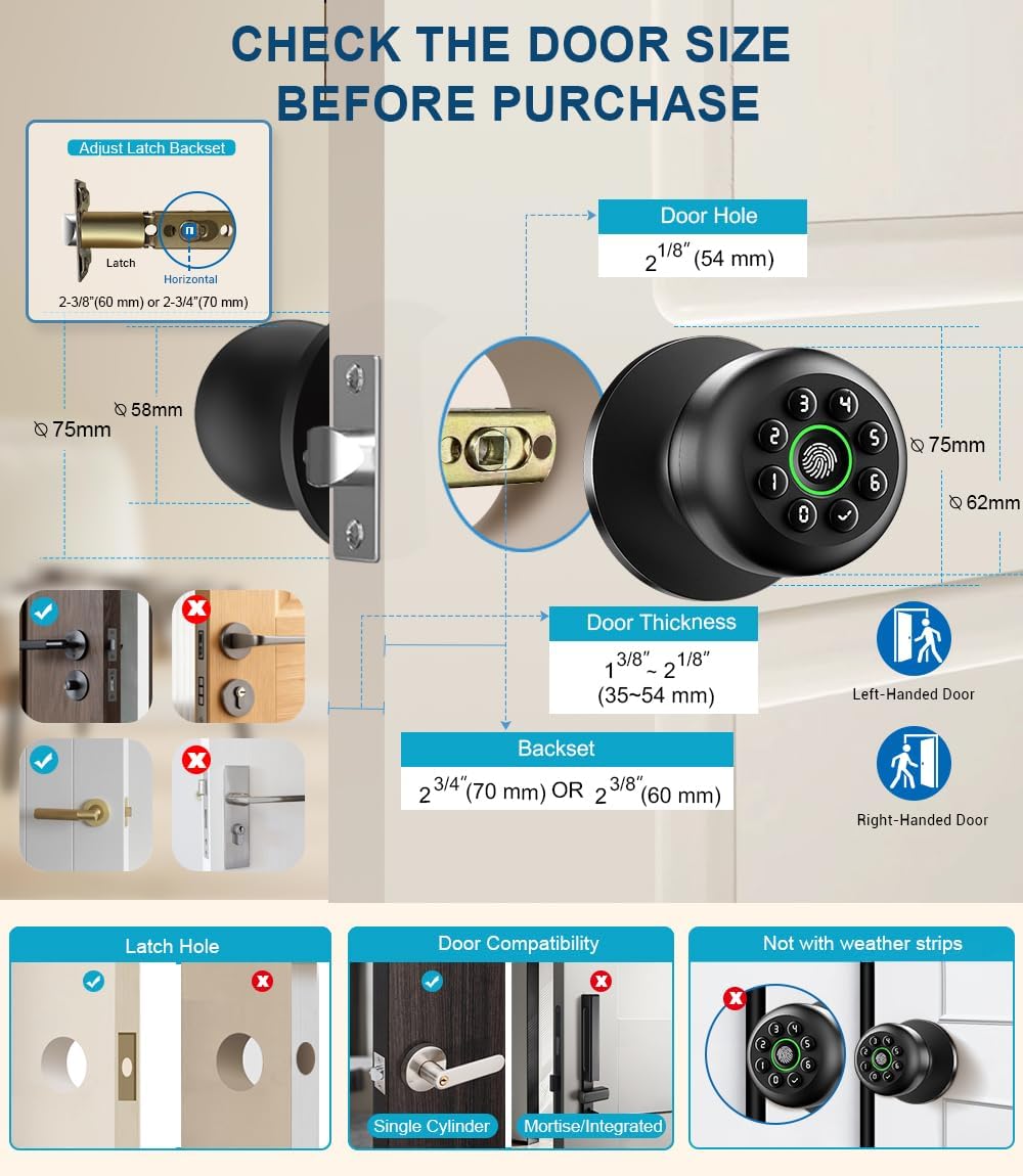 Fingerprint Door Lock, Smart Fingerprint Door Knob with Keypad, Biometric Door Lock with App Control, Auto Lock Door Lock with Code, Keyless Door Knob with Lock for Bedroom, Home,Office-Matte Black