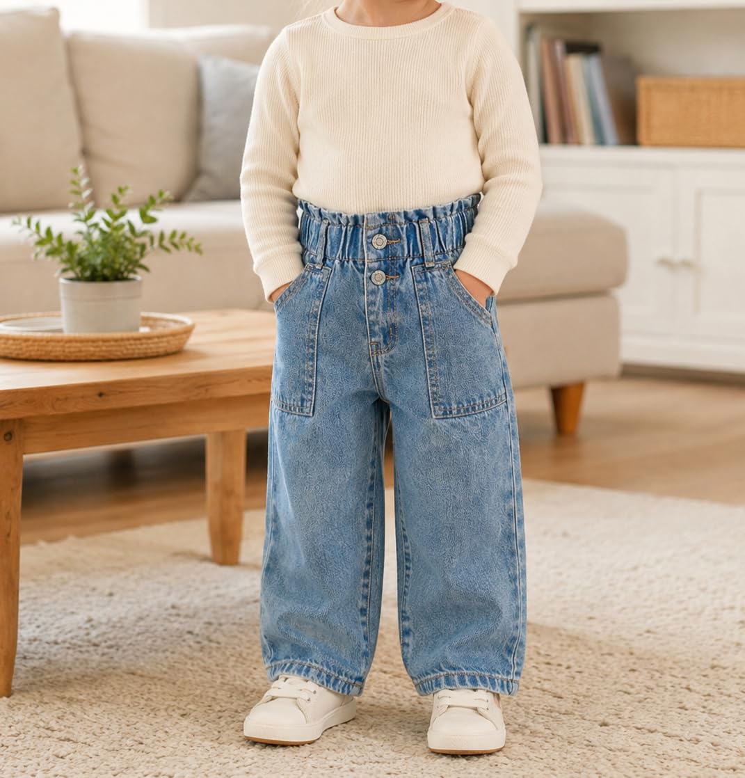 KIDSCOOL SPACE Jeans per Bambina, Vita Elastica con Tasche Oblique e Pantaloni in Denim a Gamba Ampia