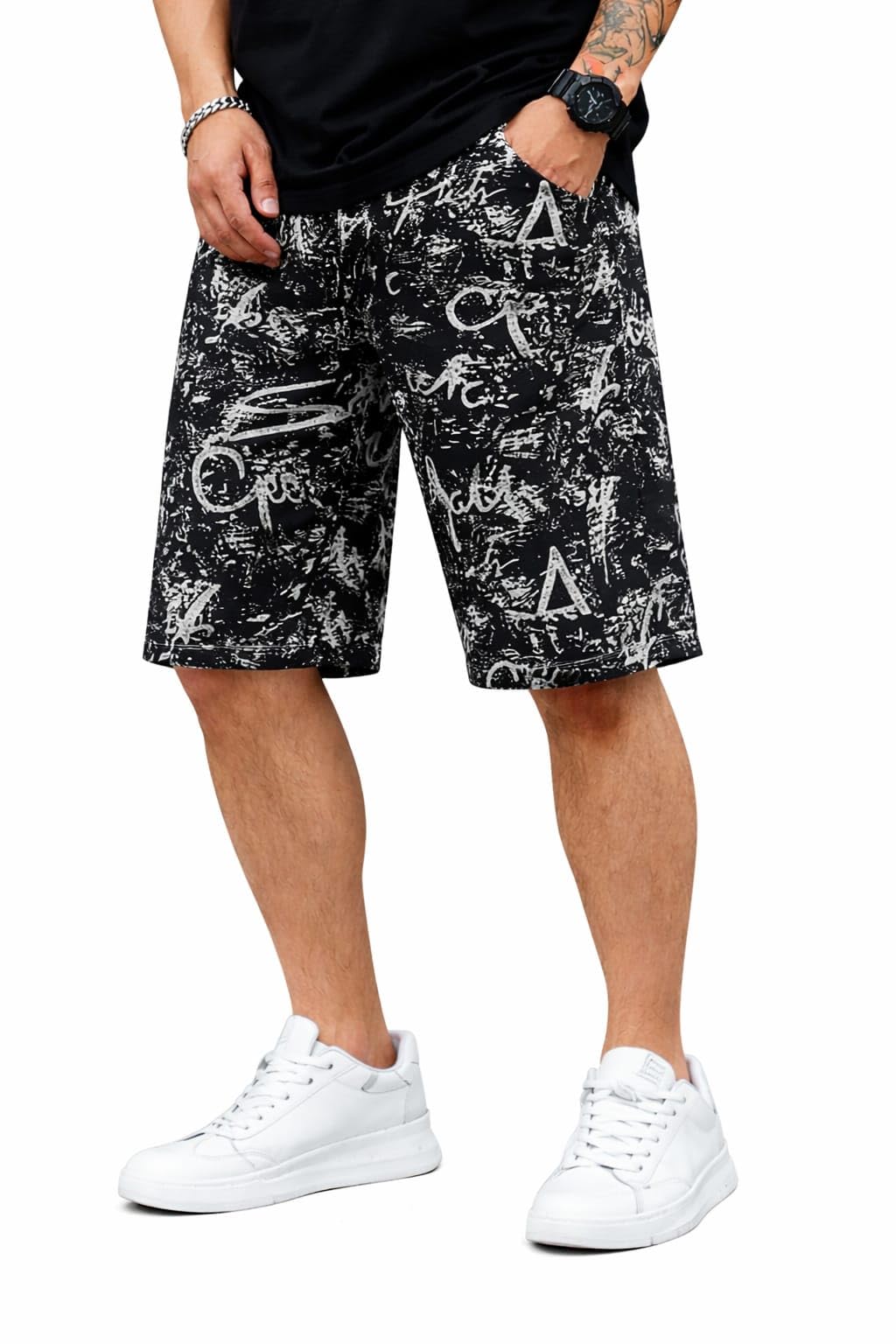 Men's Black Graphic Printed Cotton Shorts Graffiti Pattern Casual Bermuda Shorts for Men Regular Fit Knee Length Shorts with Elastic Waist & Drawstring for Daily Use-image-32
