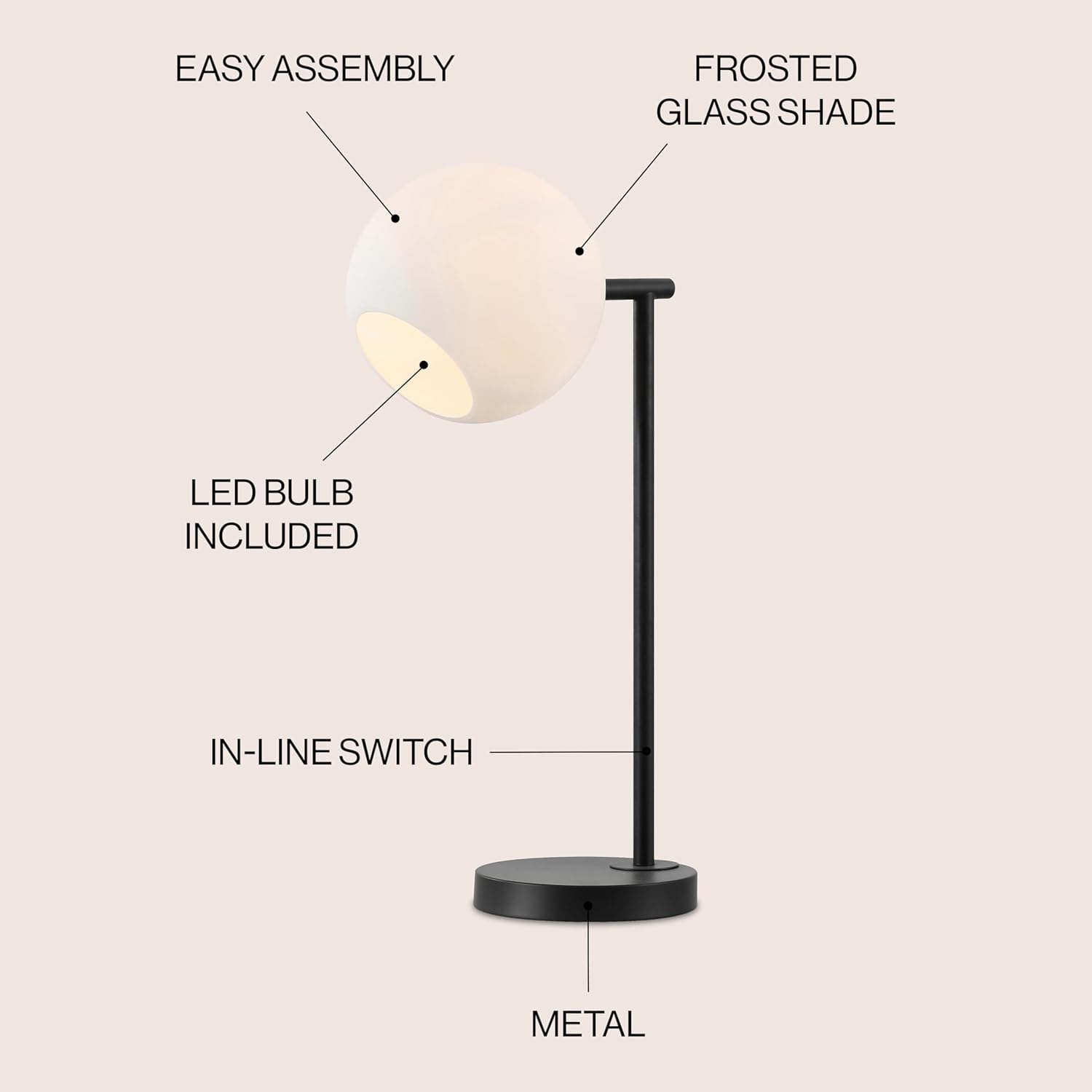 JONATHAN Y 20.5" Black Modern Metal Marble LED Bedside Table Lamp for Bedroom, Frosted Glass Globe Shade, Minimalist Scandinavian Lamp for Living Room (JYL1000B)