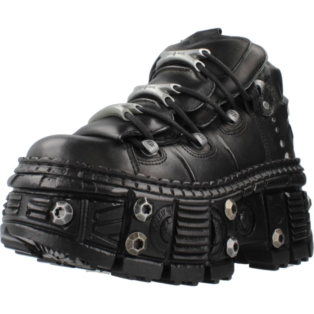 New Rock M.WALL106-S25 Unisex-Stiefel, mit Schrauben, Power-Schrauben, mit Schnürsenkeln, Leder, Schwarz, Unisex