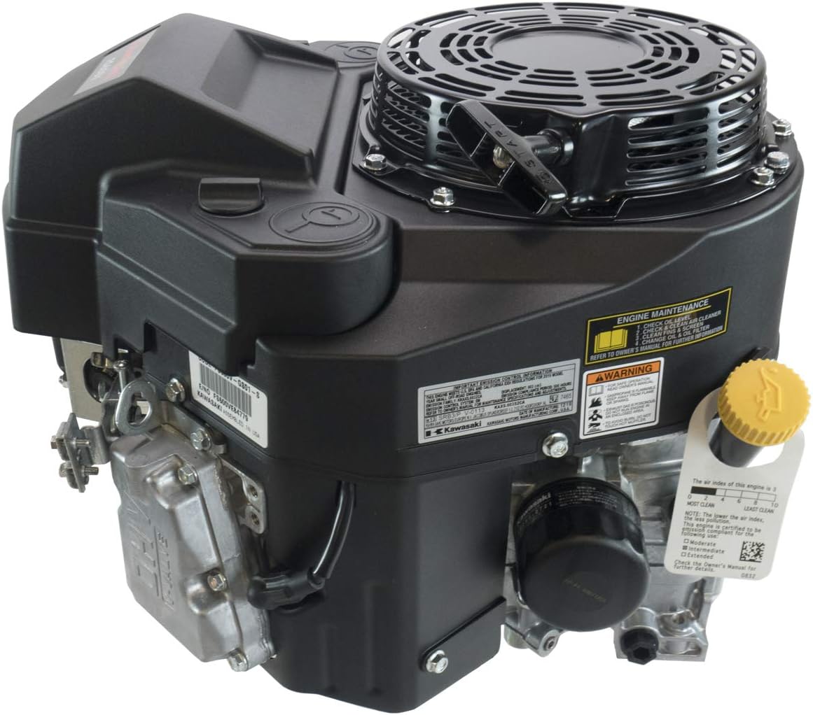 Lado view of Kawasaki FS600V-S01 engine showing oil filter and labels