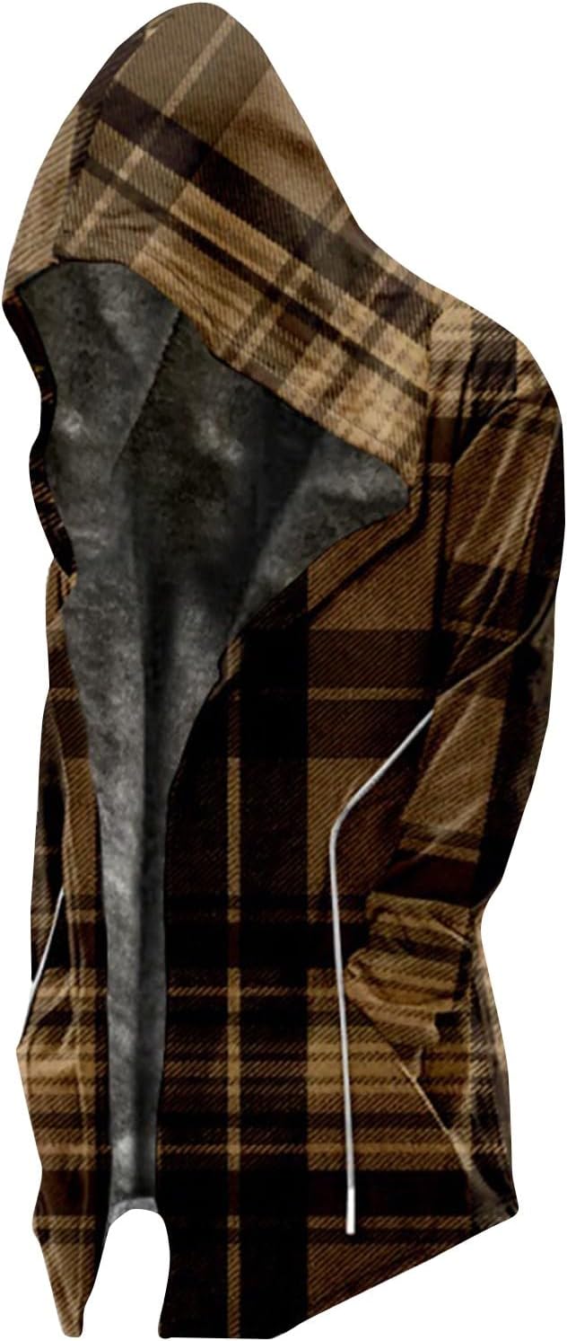 Thickened Zipper Winter Jackets With Hood Plaid Print Long Sleeve Plus Size Heavyweight Warm Fleece Jacket, M-6XL