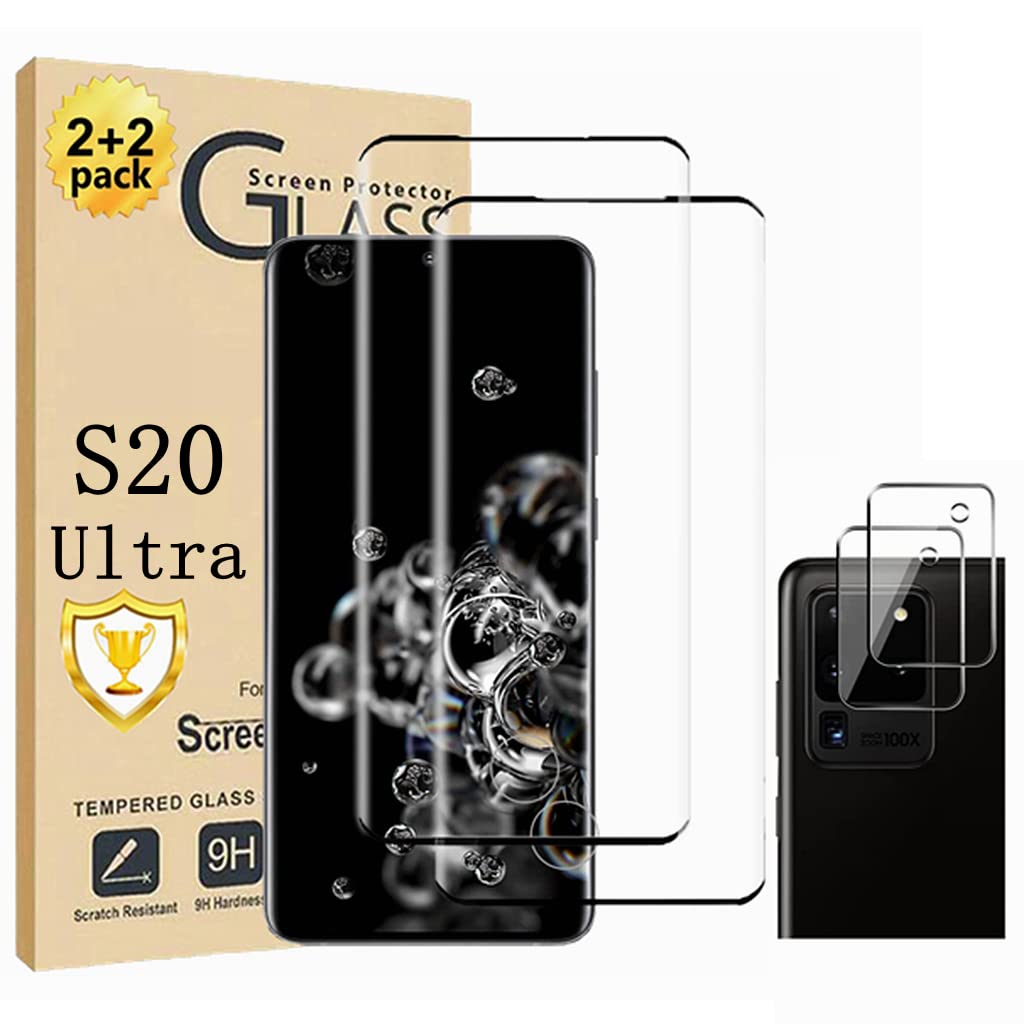 Galaxy S20 Ultra Screen Protector, 2 Pack Tempered Glass Screen Protector, 2 Pack Camera Lens Protector, 9H Hardness Tempered Glass Screen Protector for Samsung Galaxy S20 Ultra【2+2 Pack】