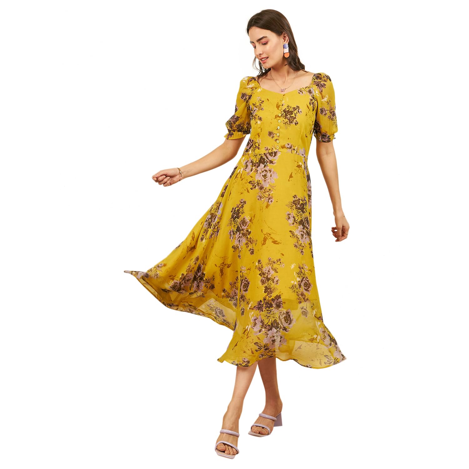Rare Women's Chiffon Fit And Flare Maxi Dress (Ep6218G_Yellow_M)