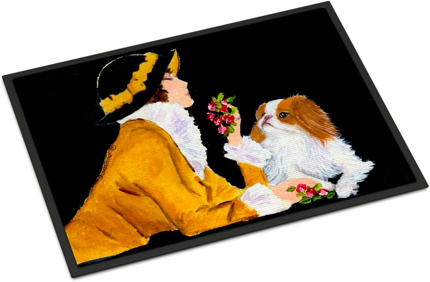 Caroline's Treasures SS8540MAT Lady with her Japanese Chin Doormat 18x27 Front Door Mat Indoor Outdoor Rugs for Entryway, Non Slip Washable Low Pile, 18H X 27W