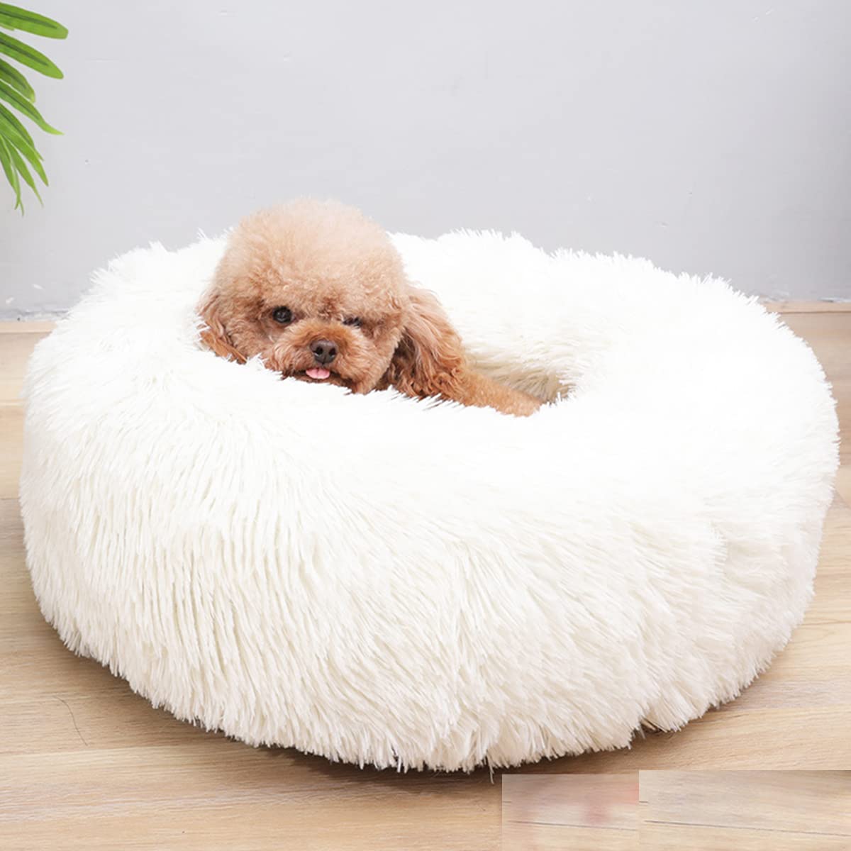 Calming Dog Bed & Cat Bed, Anti-Anxiety Donut Warming Cozy Soft Dog Round Bed, Fluffy Faux Plush Dog Cat Cushion Bed for large Small Medium Dogs and Cats diameter35in