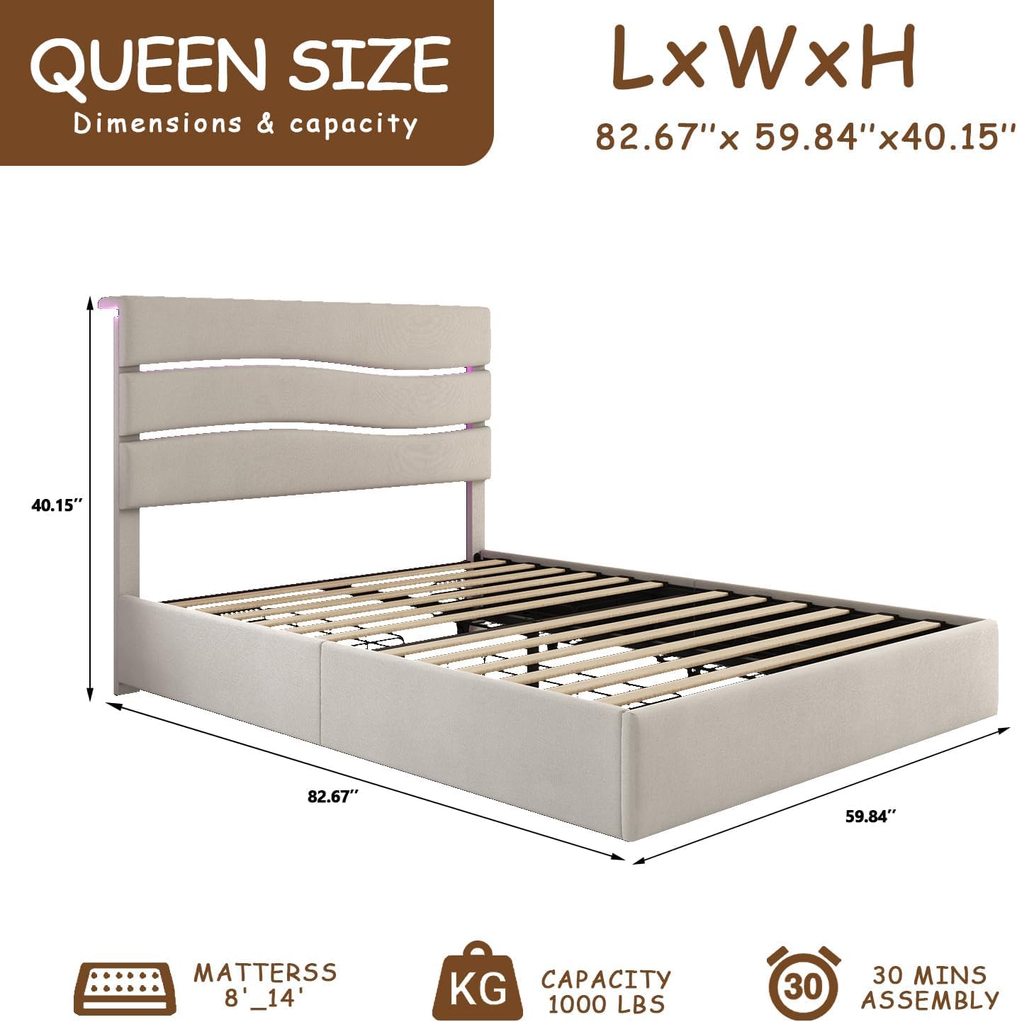 Queen Bed Frame with Headboard - Fabric Upholstered Headboard, Wooden Slatted Supports, Built-in Charging Station & LED Lights, No Box Spring Required, Easy to Install, Beige