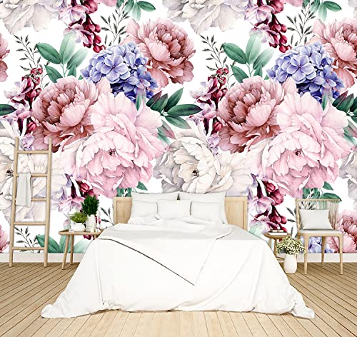 Bzhxbz - Pink Peony Floral Wallpaper Bedroom Botanical Flowers Leaf Murals Aesthetic Room Decor Living Room Tv Background Large Wall Mural - 91"X65" Not Peel And Stick #TOP27