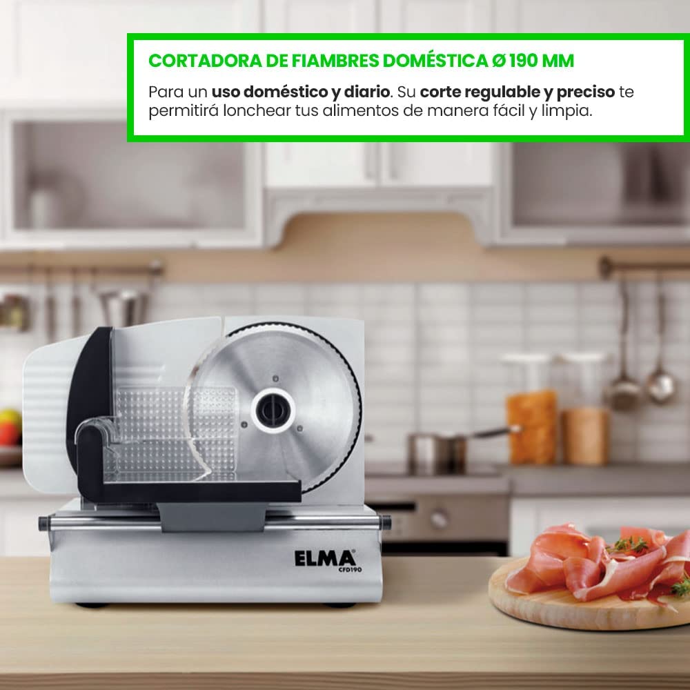 ELMA Cortadora de Fiambre CFD 190 Cortafiambres Eléctrico | Ø 190 mm, 150W, 23 x 27 x 37 cm | Cuchilla de Acero Inoxidable Desmontable, Corte Regulable 0-15 mm, 2 posiciones