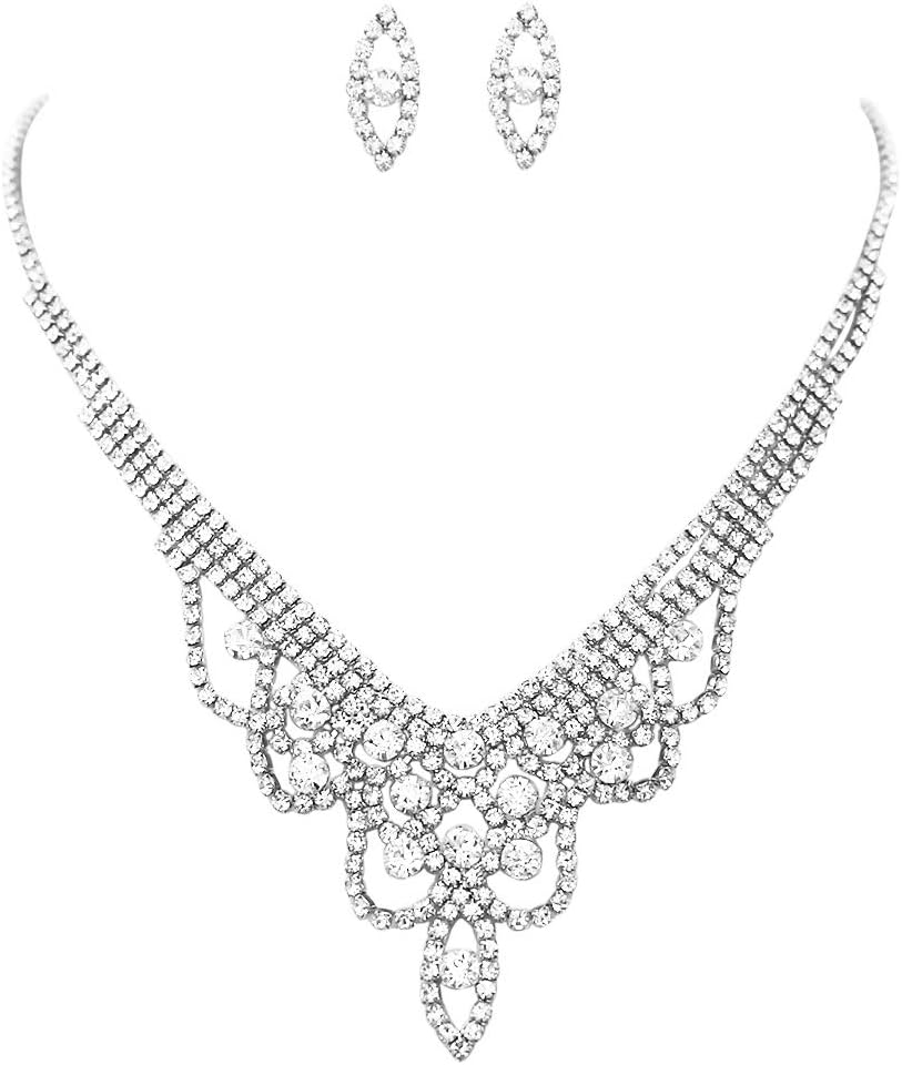 Rosemarie Collections Women's Draped Rhinestone Crystal Statement Necklace And Hypoallergenic Post Earrings Jewelry Set, 14"+5" Extender