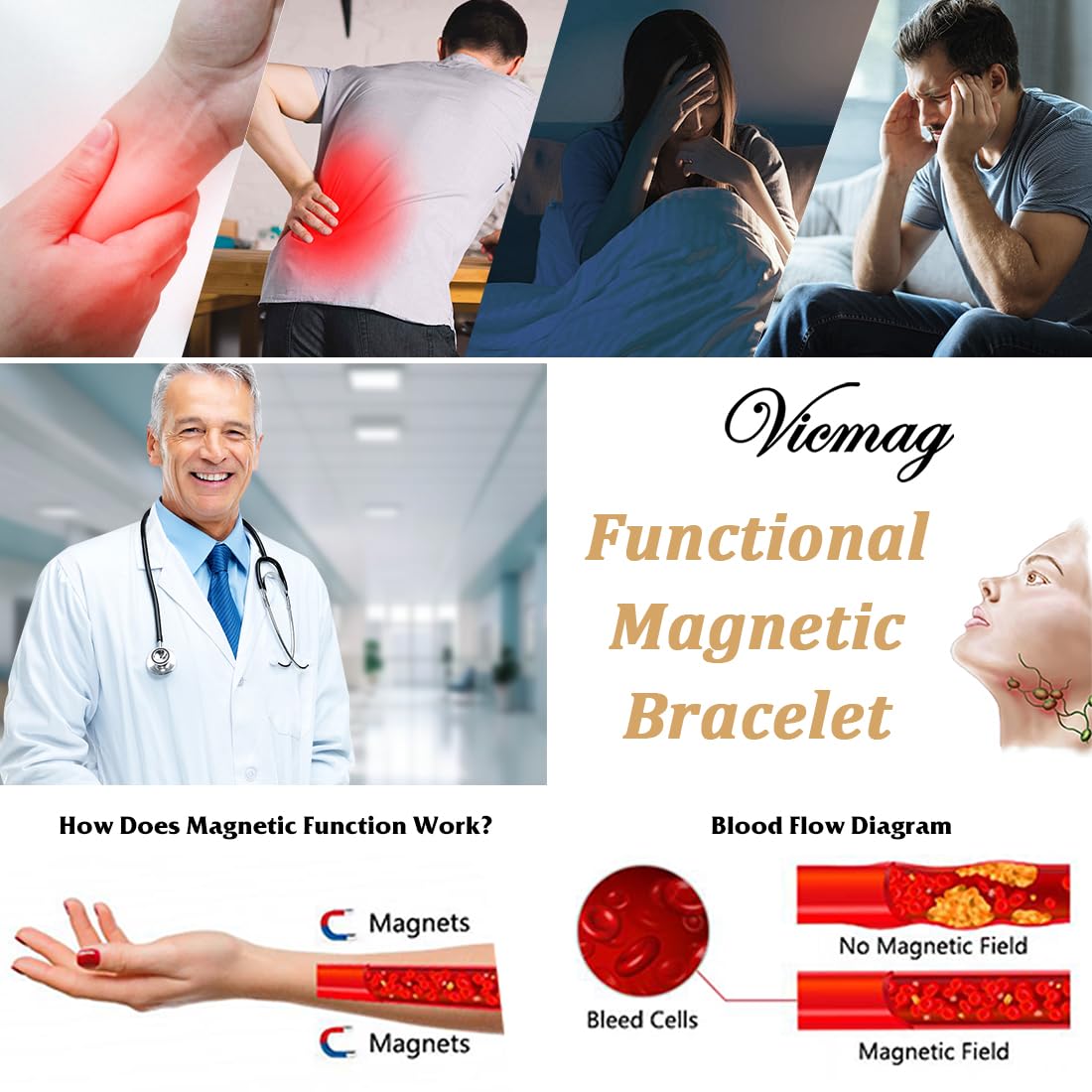 Vicmag Bracelet magnétique en cuivre pour homme, 9 aimants puissants (5000 gauss chacun), 99,99 % cuivre pur
