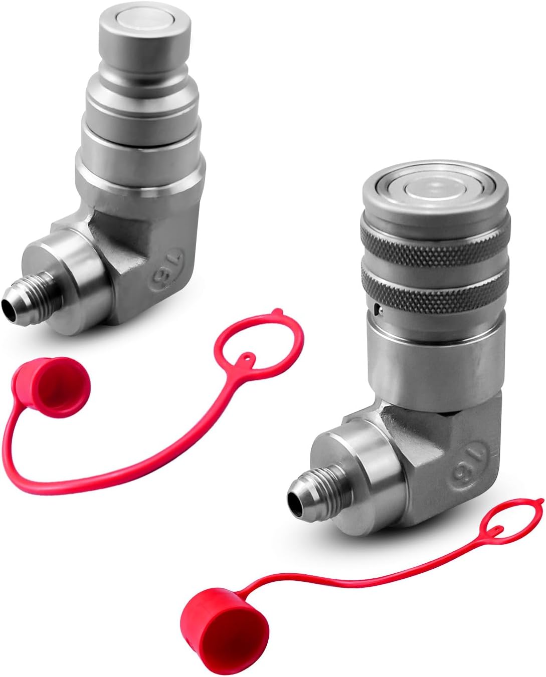90 Degree Elbow Hydraulic Quick Connect Coupler Fittings 1/2" Flat Face Skid Steer 1/2" Body Size x 3/8″ JIC Male Thread Couplings Set w/Dust Cap