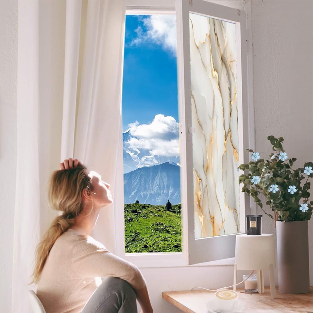 Colorful Marble Window Privacy Film, Modern Gold Texture Minimalist Frosted Stained Glass Window Film Decorative Decal for Glass, Windows Tint for Home 23.6Wx35.4L inch