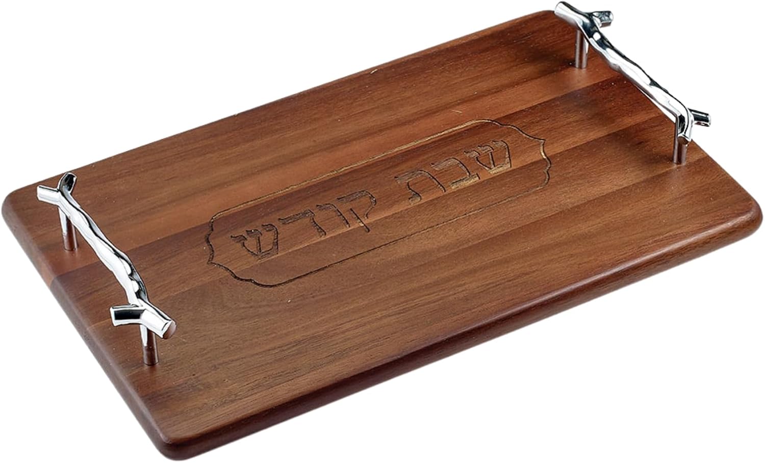 RITE LITE Acacia Wood Challah Serving Tray – 16x10, Elegant Design with Silver Handles, Perfect for Shabbat, Holidays, and Dinner Parties, Includes Clear Storage Box